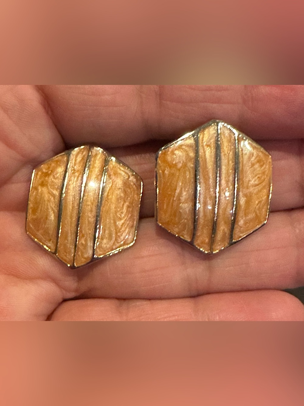 Vintage 1970s Orange Enamel Hexagon Clip On Earrings